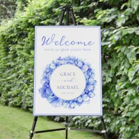 Classic Blue Hydrangea Floral Wedding Welcome Sign