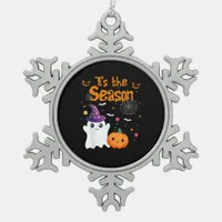 Tis Season Pumpkin Retro Groovy Vintage Halloween Snowflake Pewter Christmas Ornament