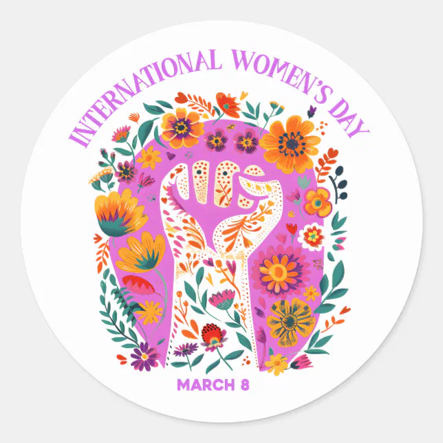 Powerful Floral Fist International Women's Day Classic Round Sticker