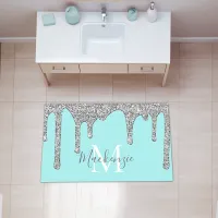 Luxury Teal Silver Glitter Drips Monogram Rug