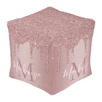Girly Glam Rose Gold Glitter Drips Monogram Pouf
