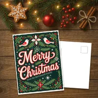 Festive Holly and Red Birds Merry Christmas Holiday Postcard