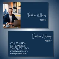 Modern realtor real estate agent photo blue business card