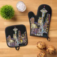 Dark be the Night - Luminous Seattle Skyline Oven Mitt & Pot Holder Set