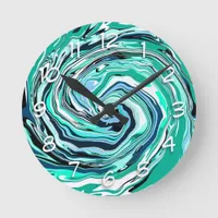 Blue, Teal, Turquoise and White Swirls Marble Art  Round Clock