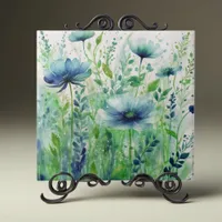 Watercolor Blue Flowers and Green Foliage Ceramic Tile