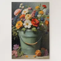 Painted summer flowers bouquet in a green bucket jigsaw puzzle