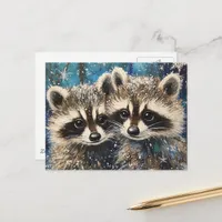 Cute Adorable Baby Raccoons Winter AI Painting  Postcard