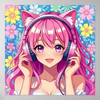 Cute Pink Anime Girl with Headphones Poster