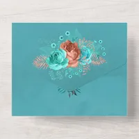 Turquoise and Coral Rustic Floral Wedding All In One Invitation