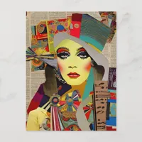 Retro Woman Colorful Mixed Media Collage Abstract Postcard