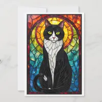 Stained Glass Style Black White Tuxedo Cat Flat Card