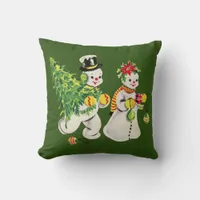 Retro Christmas Snowpeople Throw Pillow