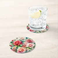 Whimsical Rose Pattern Round Paper Coaster