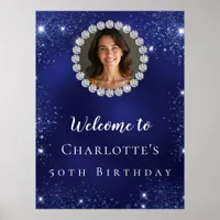 Birthday navy blue glitter photo diamonds welcome poster