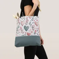 Teal, Red, Pink Hearts and Flowers, Color Block Tote Bag