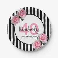 40th birthday black stripes pink florals classic paper plates