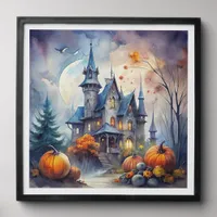 Haunted Mansion Castle and Pumpkins Photo Tile