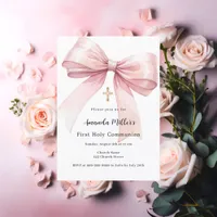 Pink bow girl First Communion Invitation