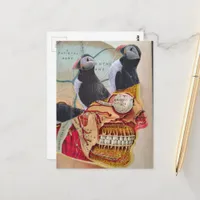 Puffins on my Brain Surreal mixed media collage  Postcard