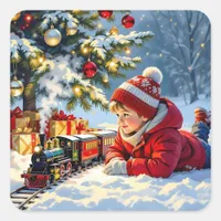 A Boy and his Christmas Train Old-Fashioned Square Sticker