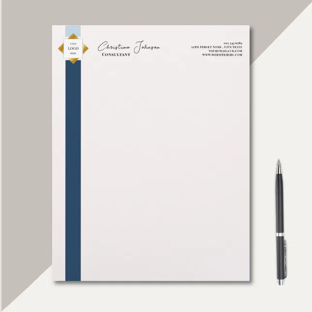 Trendy Blue Stripes Gold Logo Notepad