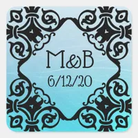 Personalized Aqua Wedding Date & Initials Sticker