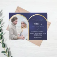 Navy blue gold photo arch wedding invitation