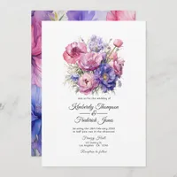 Petal Pink, Cornflower Blue & Mauve Purple Wedding Invitation