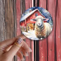 Pretty Watercolor Christmas Sheep and Rustic Barn Classic Round Sticker