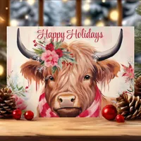 Happy Holidays Floral Highland Cow Christmas Holiday Card