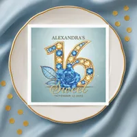 Glitzy Chic Blue Rose Gold Gemstone Sweet 16 Napkins