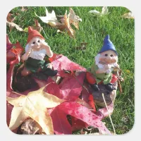 Garden Gnomes in the Yard Fall Red Brown Leaves Square Sticker