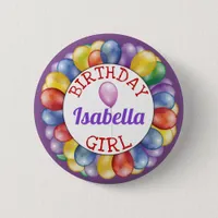 Birthday Girl Balloons Button Purple Red Yellow