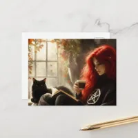 Cute Black Cat and Witch Autumn Reading and Coffee Postcard