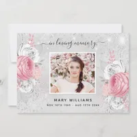 Sympathy silver glitter pink floral photo thank you card