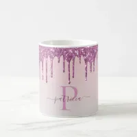 Glam Pink Glitter Drips Elegant Monogram  Coffee Mug