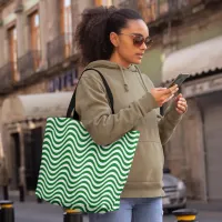 Green & White Wavy Stripes Psychedelic Hypnotic Tote Bag