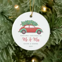 Cute Red Car Christmas Tree First Christmas Ceramic Ornament