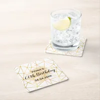 60th birthday party gold geometric white monogram square paper coaster