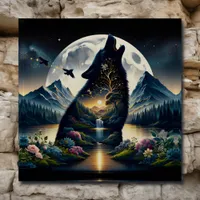 Mystical Wolf Howling at Moon Surreal Personalized Metal Print