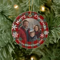 Red green plaid photo white snowflakes ceramic ornament