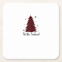 Tis The Season Red Plaid Christmas Tree Square Paper Coaster
