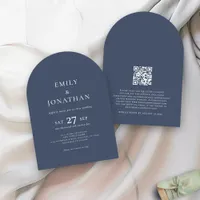 Minimalist Text QR Code Dusty Navy Arch Wedding  Invitation