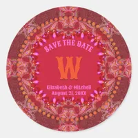 Vibrant Pink Bohemian Batik Inspired Save the Date Classic Round Sticker