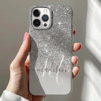 Girly Silver Glitter Monogram Name iPhone 12 Case