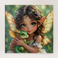 Brown Eyed Elven Fairy and Dragon  Jigsaw Puzzle