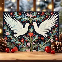 Folk Art Doves and Floral Christmas Holiday Card