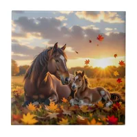 A Mama Horse and her Foal in Autumn Ceramic Tile