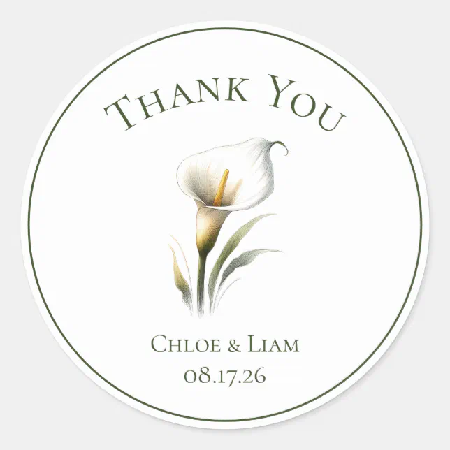 Elegant Calla Lily Thank You Wedding  Classic Round Sticker